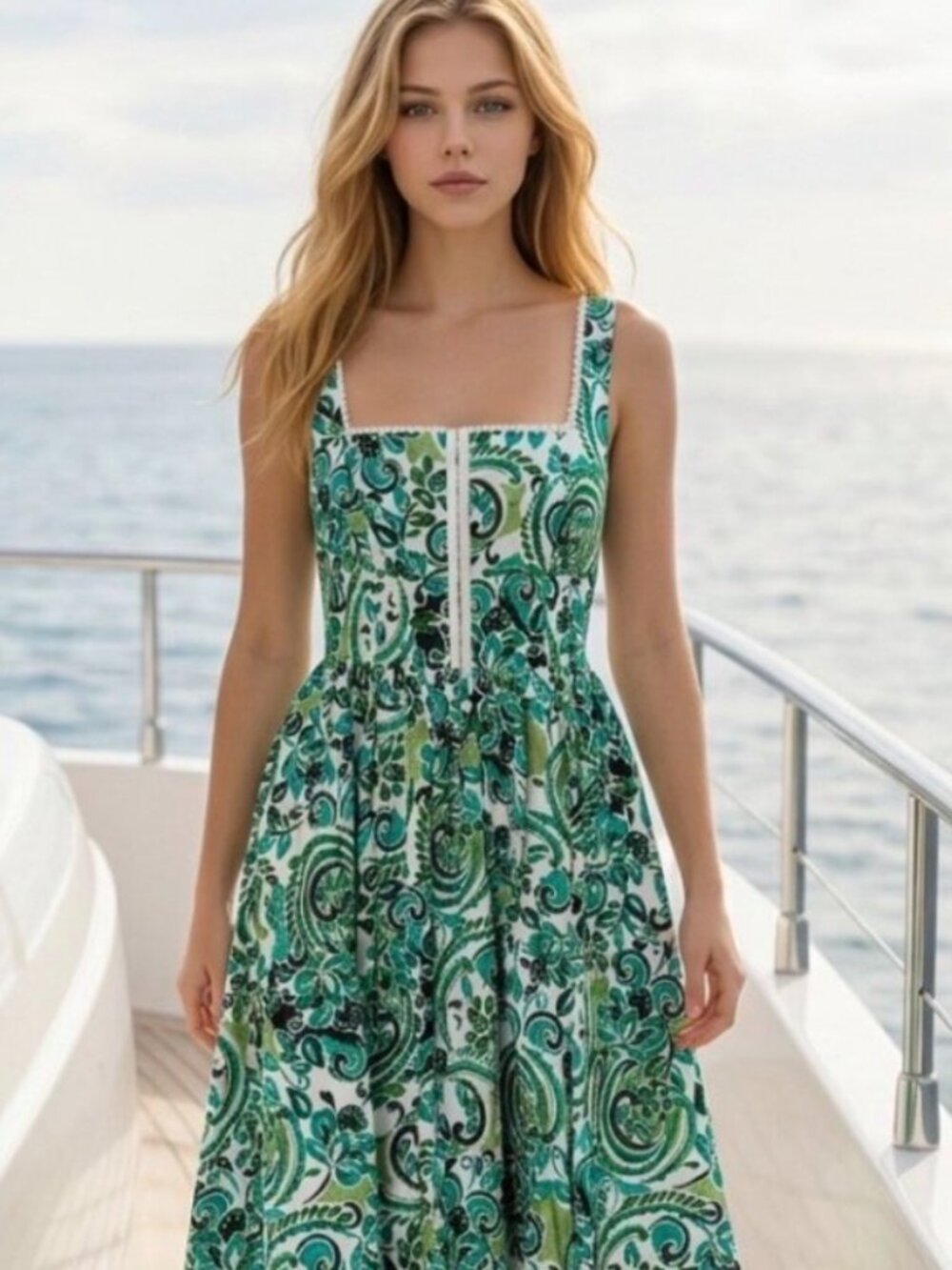 NWT Avec Les Filles Green Paisley Cotton Midi Dress. Size 8